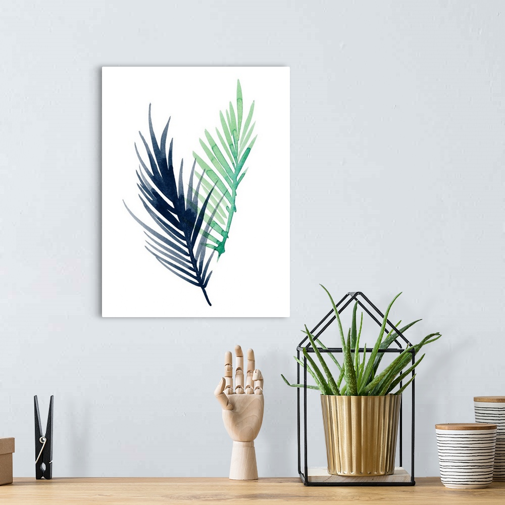 A bohemian room featuring Watercolor artwork of leafy green palm fronds on white.