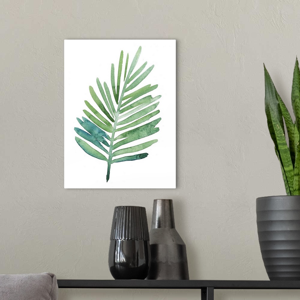 A modern room featuring Watercolor artwork of a leafy green palm frond on white.