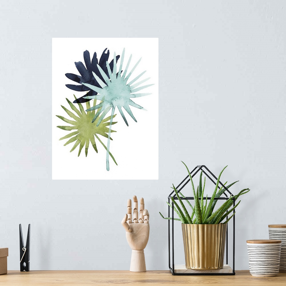 A bohemian room featuring Watercolor artwork of leafy green palm fronds on white.