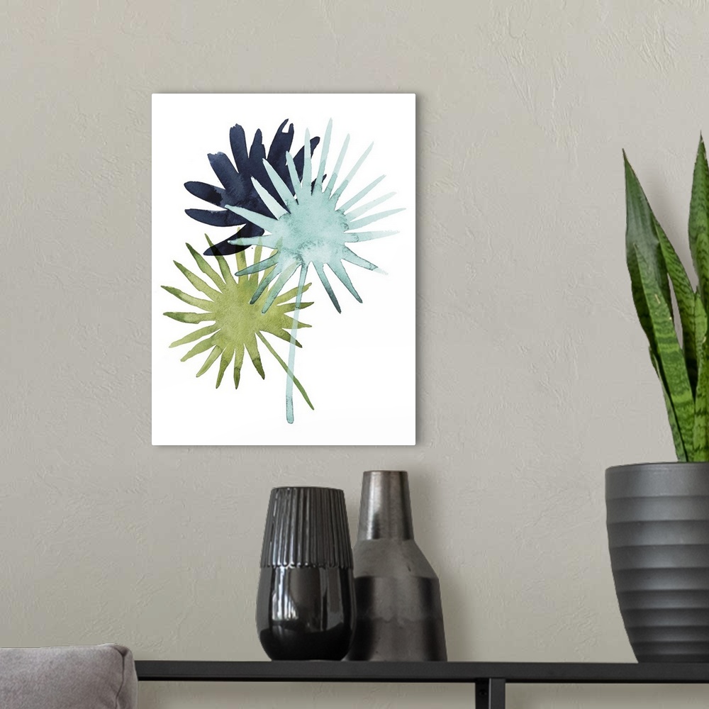 A modern room featuring Watercolor artwork of leafy green palm fronds on white.