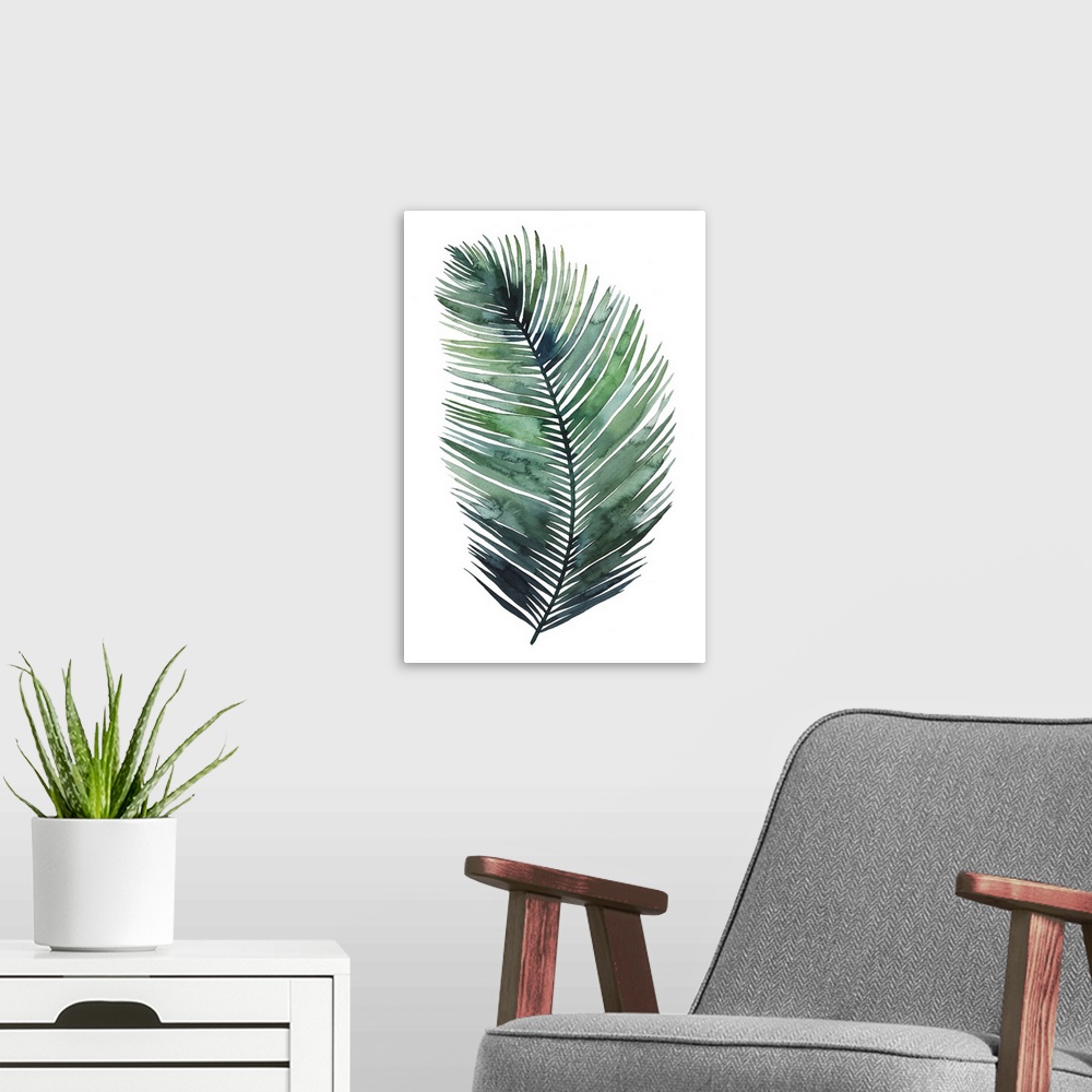 A modern room featuring Simple watercolor illustration of a green palm frond on white.