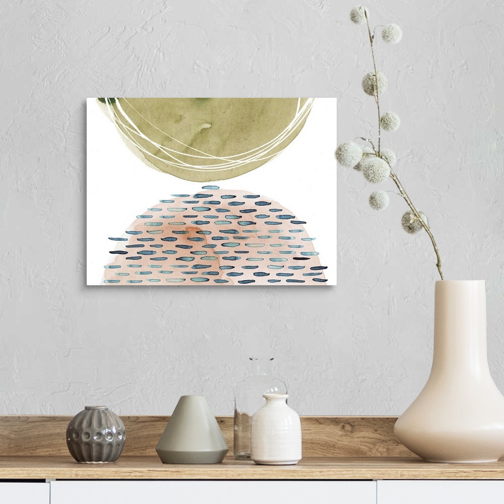 A farmhouse room featuring Abstract watercolor painting with two half circles on a white background and lined designs on eac...