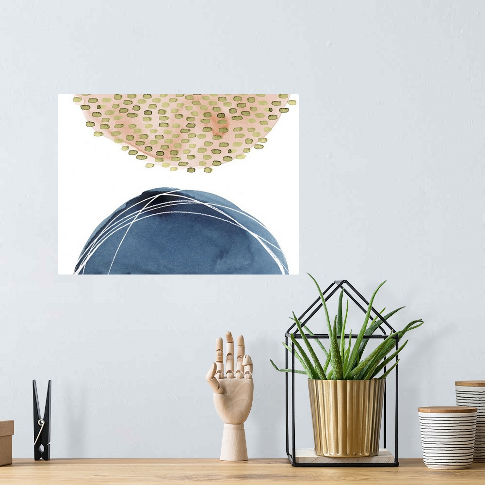 A bohemian room featuring Abstract watercolor painting with two half circles on a white background and lined designs on eac...