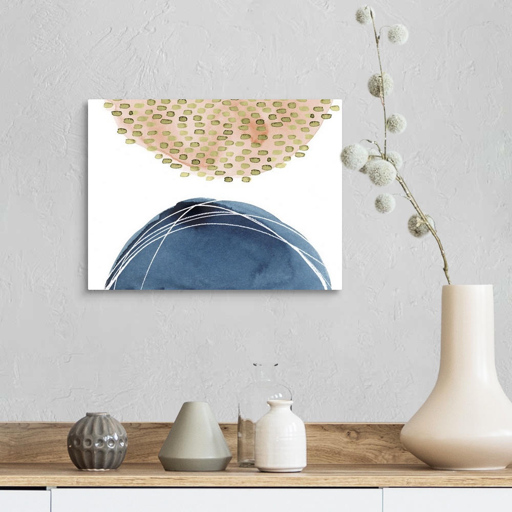 A farmhouse room featuring Abstract watercolor painting with two half circles on a white background and lined designs on eac...