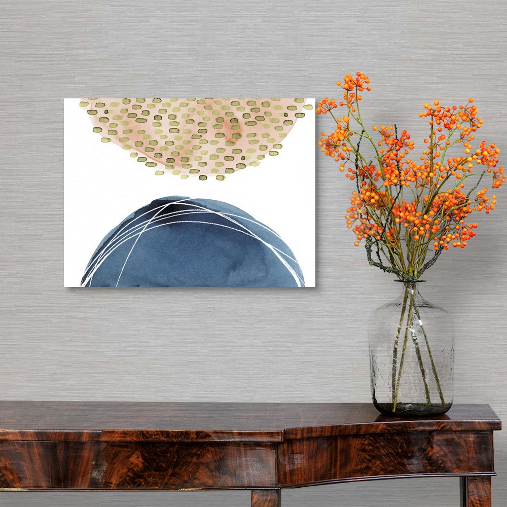 A traditional room featuring Abstract watercolor painting with two half circles on a white background and lined designs on eac...