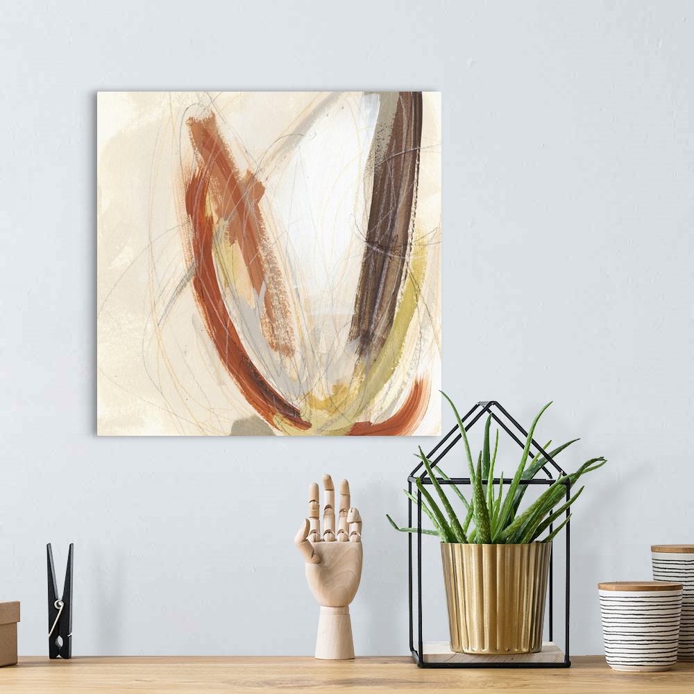 A bohemian room featuring Contemporary abstract artwork using muted tones of earthy colors.