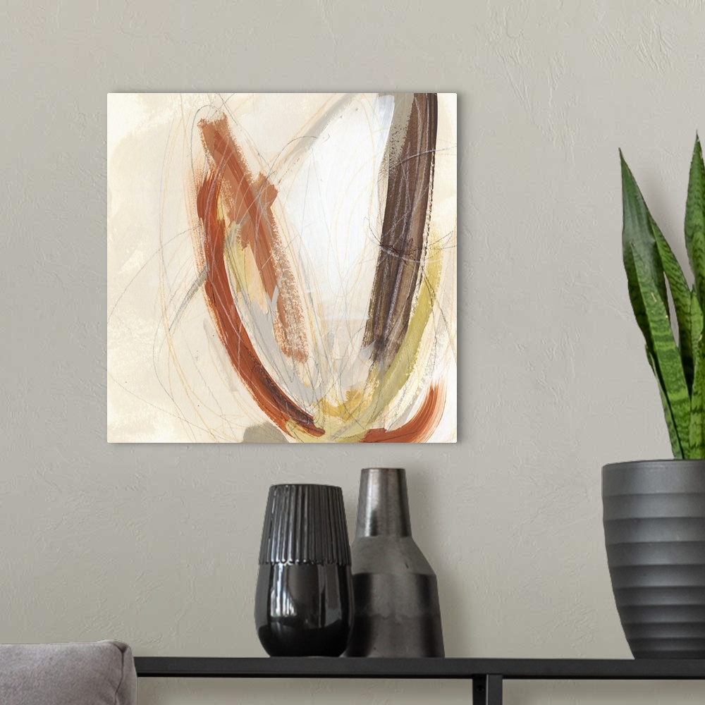 A modern room featuring Contemporary abstract artwork using muted tones of earthy colors.