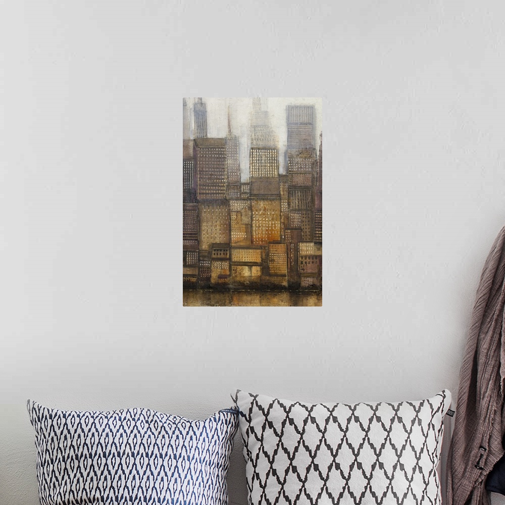 A bohemian room featuring Contemporary painting of tall skyscrapers in a city.