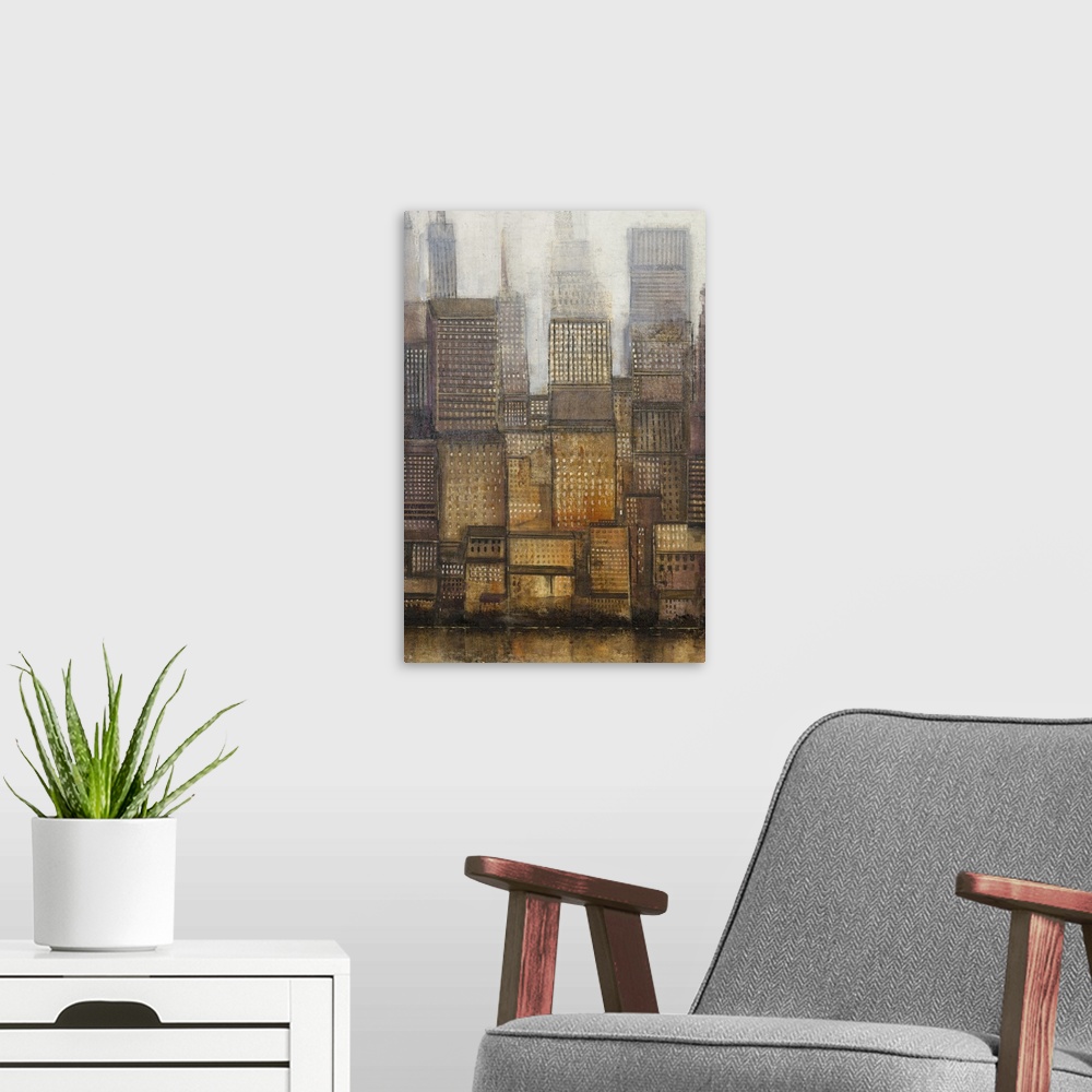 A modern room featuring Contemporary painting of tall skyscrapers in a city.