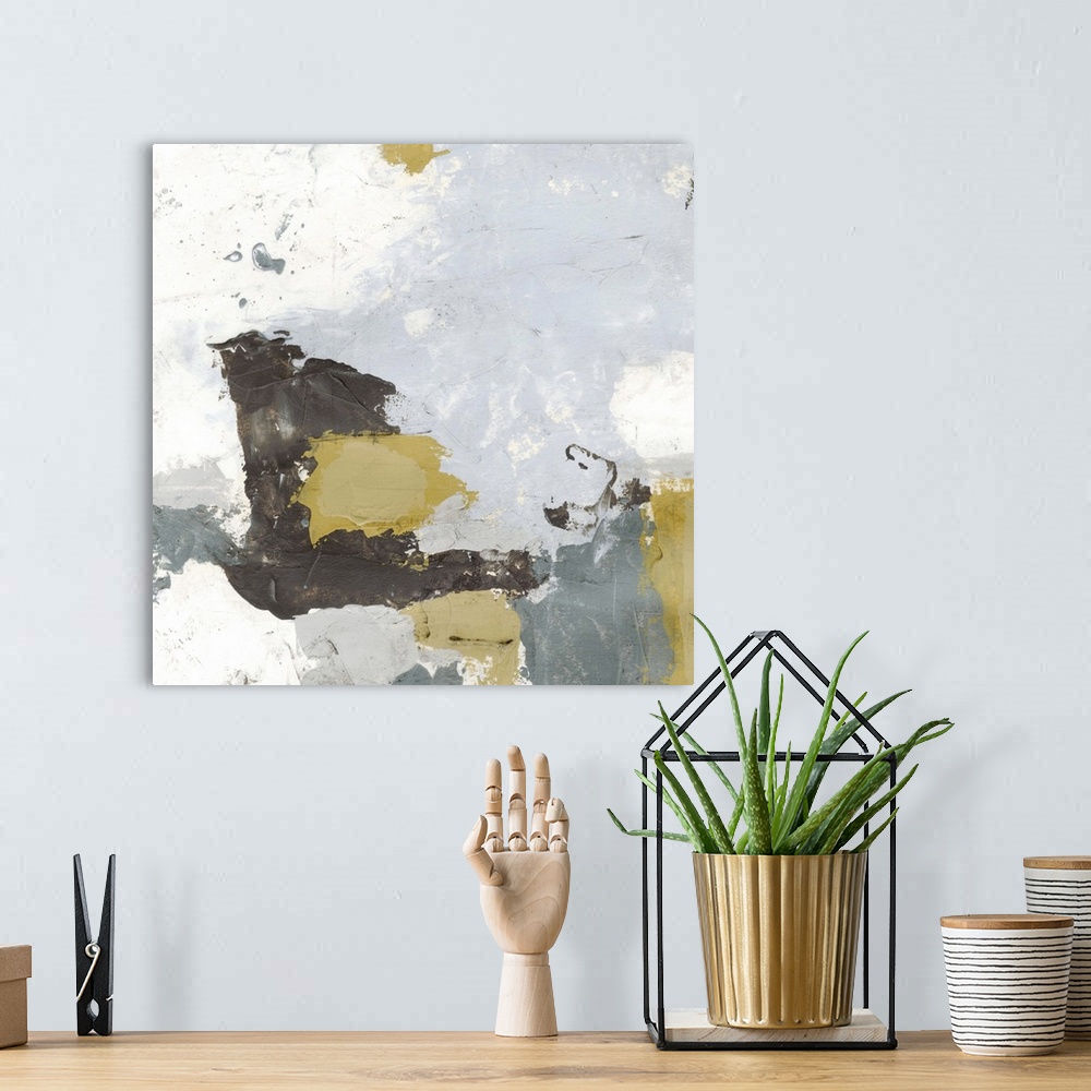 A bohemian room featuring Contemporary abstract painting using splotchy neutral tones to create texture.