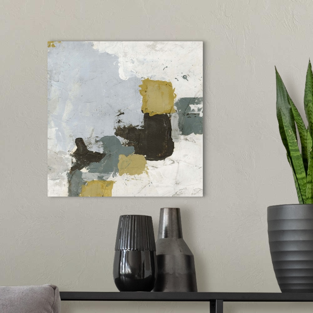 A modern room featuring Contemporary abstract painting using splotchy neutral tones to create texture.
