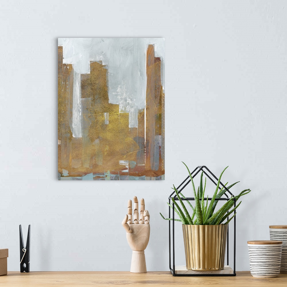 A bohemian room featuring Contemporary abstract artwork using muted colors and geometric shapes resembling a city skyline.