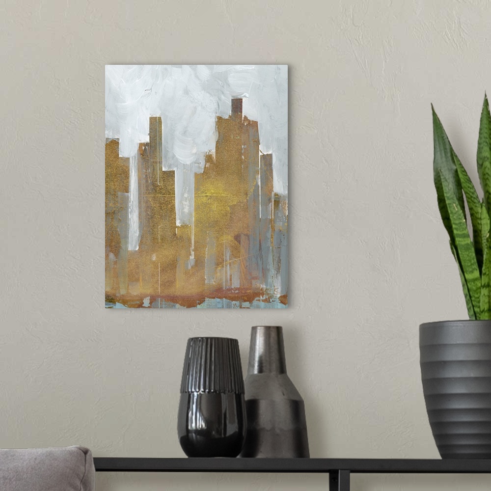 A modern room featuring Contemporary abstract artwork using muted colors and geometric shapes resembling a city skyline.