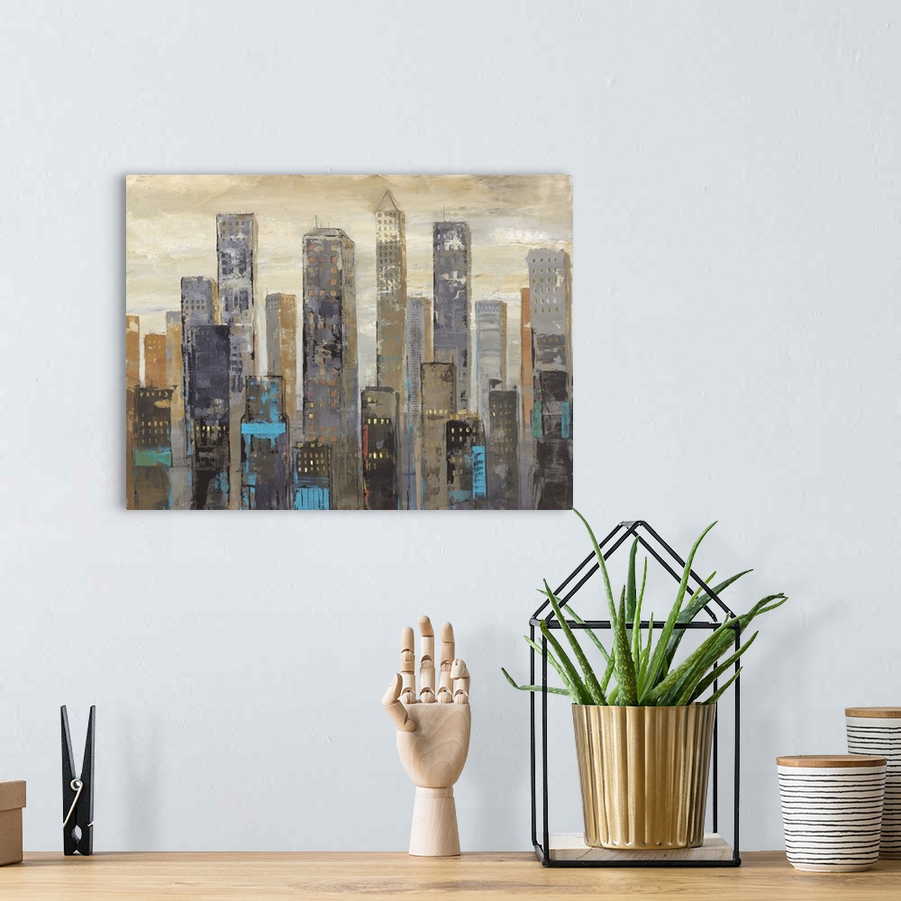 A bohemian room featuring Contemporary city skyline painting in dark tones.