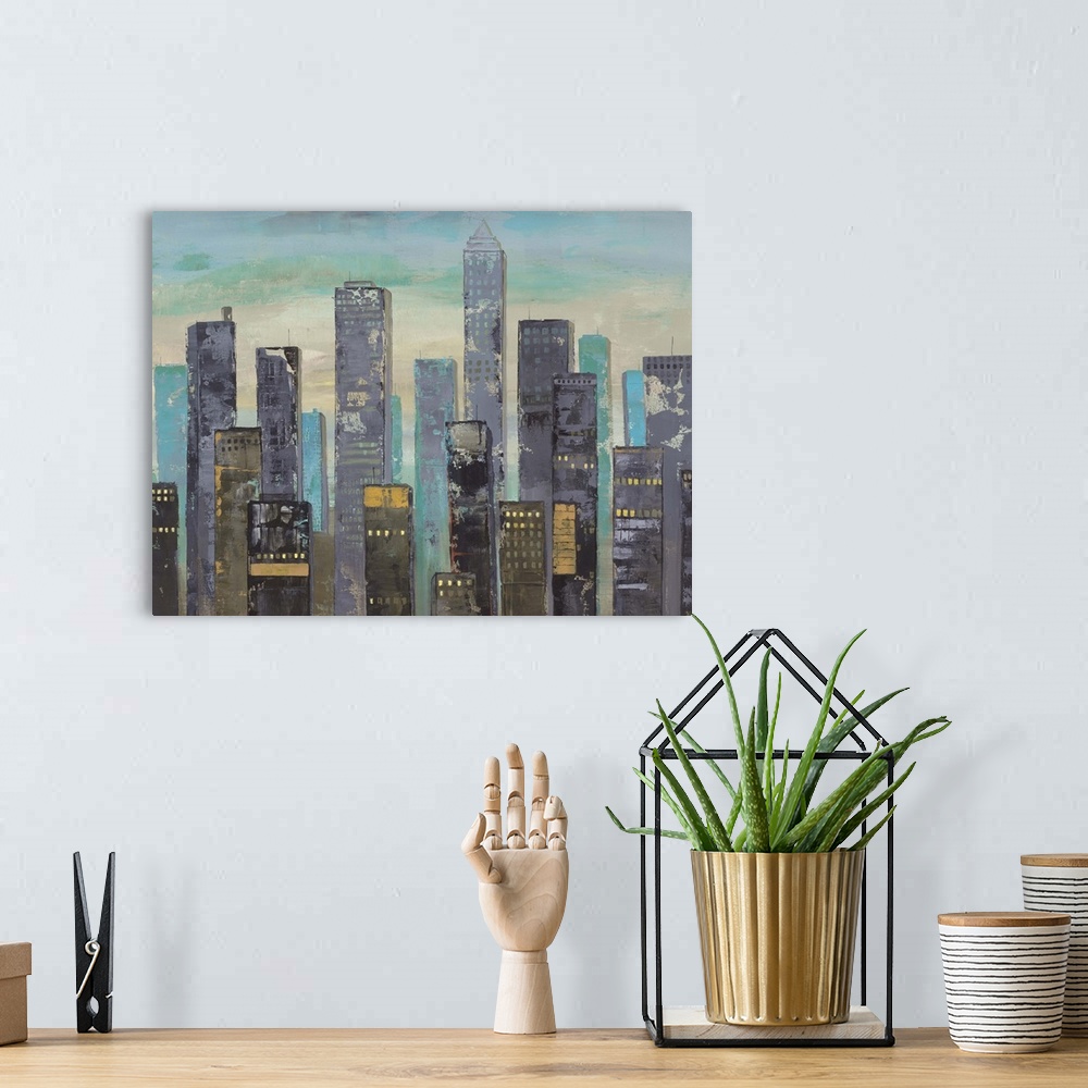 A bohemian room featuring Contemporary city skyline painting in dark tones.
