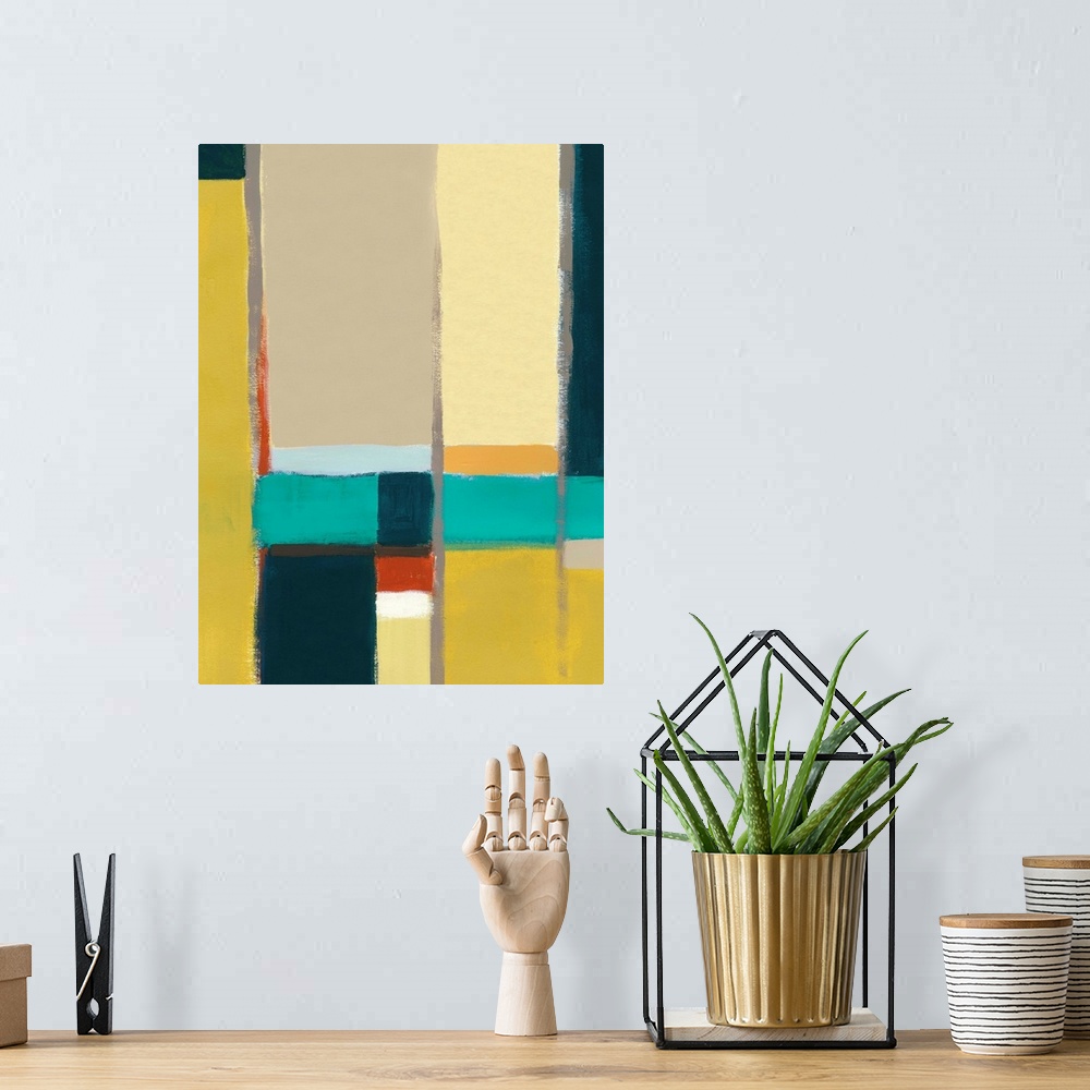 A bohemian room featuring Mid-century inspired contemporary abstract painting using geometric forms.