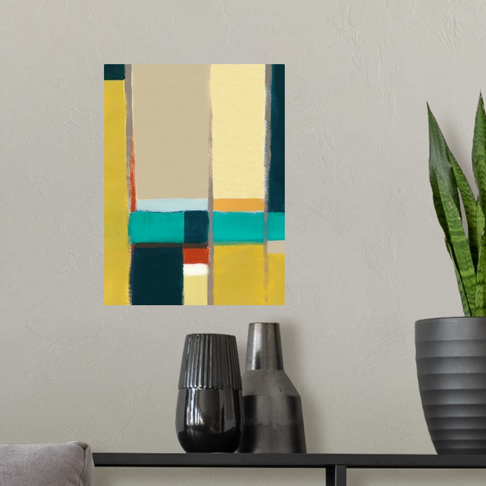 A modern room featuring Mid-century inspired contemporary abstract painting using geometric forms.