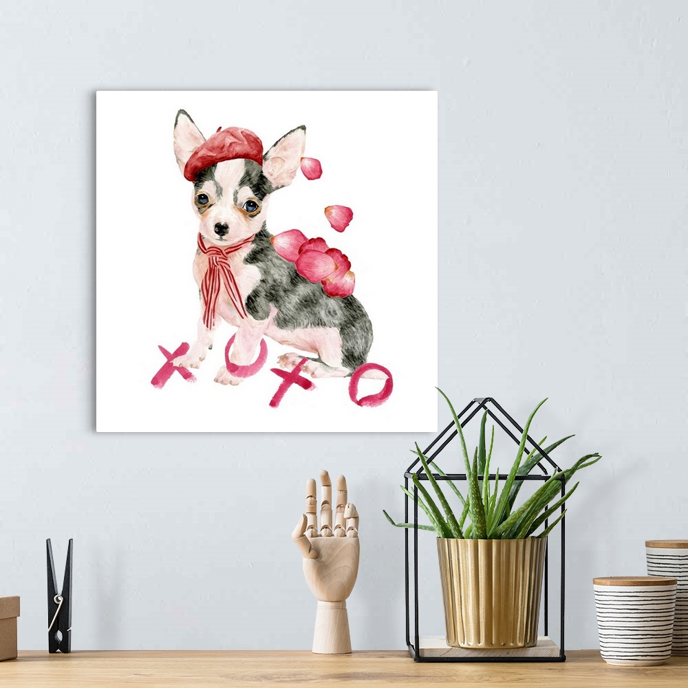 A bohemian room featuring Adorable illustration of a Chihuahua puppy dressed up for Valentine's Day.