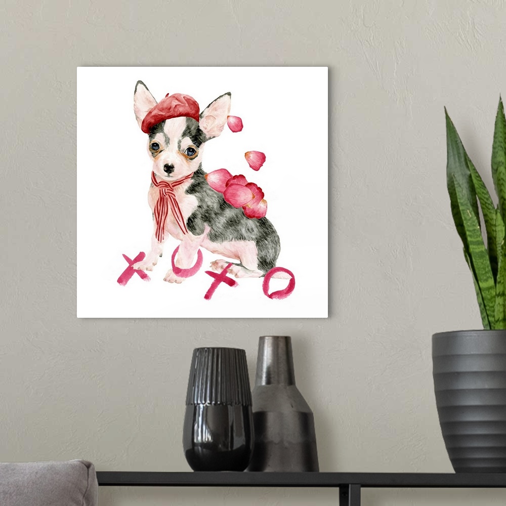 A modern room featuring Adorable illustration of a Chihuahua puppy dressed up for Valentine's Day.