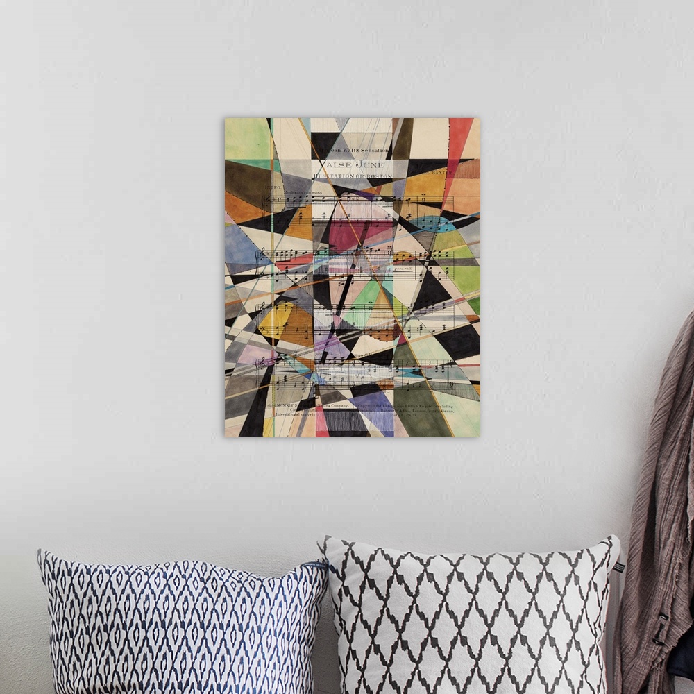 A bohemian room featuring Contemporary abstract painting using geometric shapes and bold semi-transparent colors.