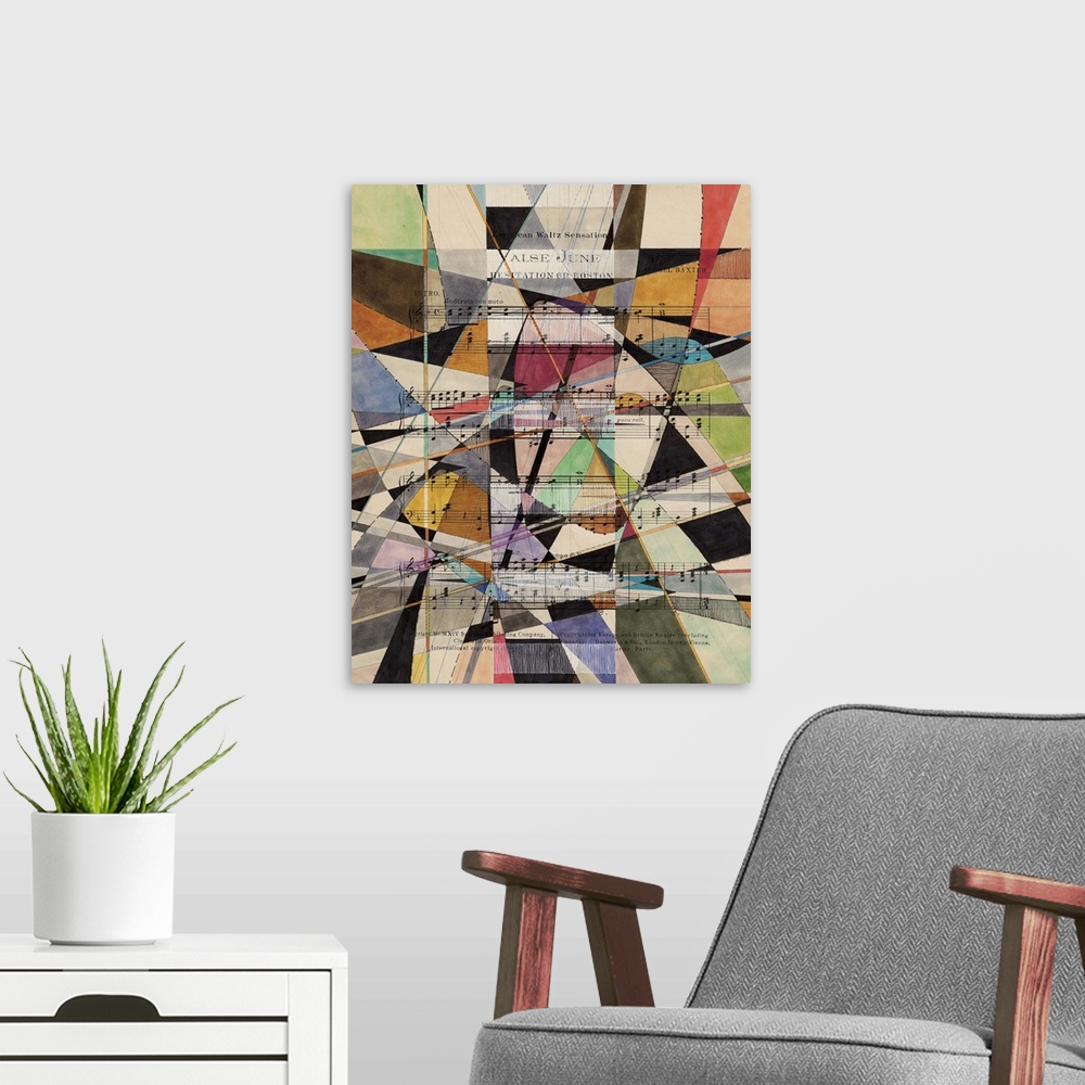 A modern room featuring Contemporary abstract painting using geometric shapes and bold semi-transparent colors.