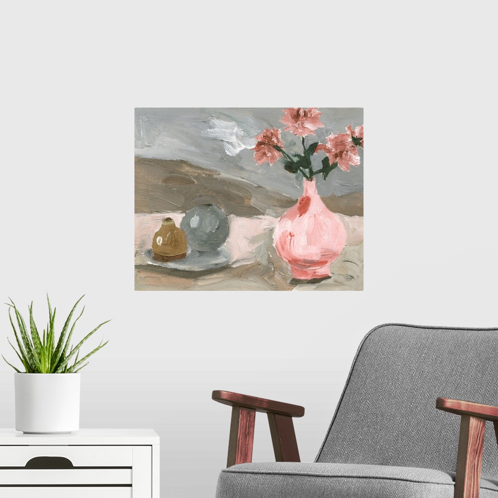 A modern room featuring Vase Of Pink Flowers VI