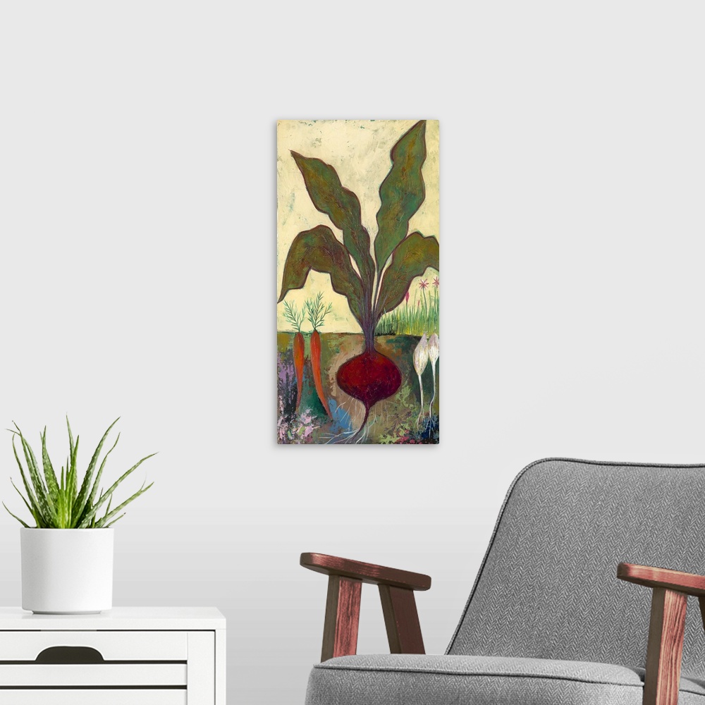 A modern room featuring Contemporary painting of a cross section view of garden vegetables in the ground.