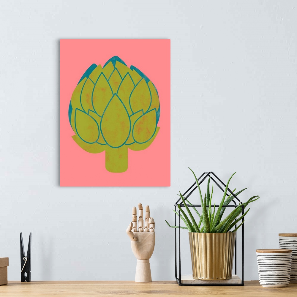 A bohemian room featuring Fun and contemporary painting of an artichoke.