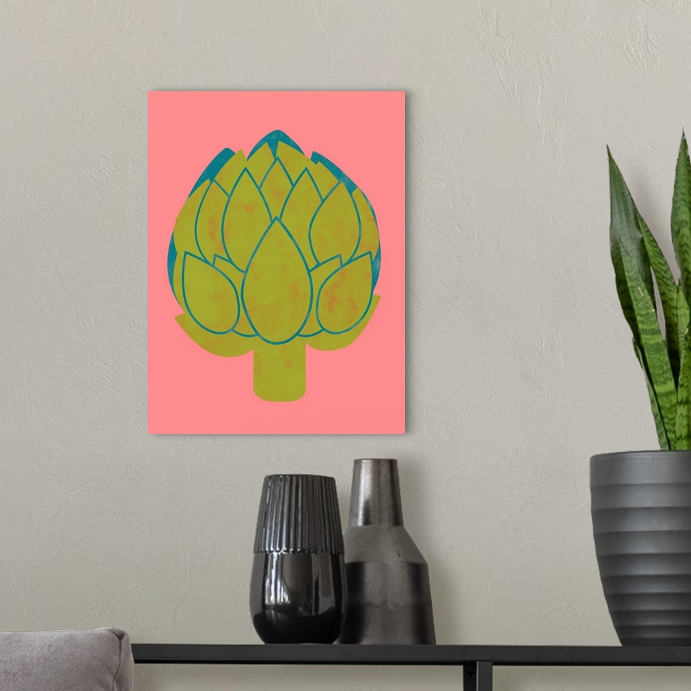 A modern room featuring Fun and contemporary painting of an artichoke.