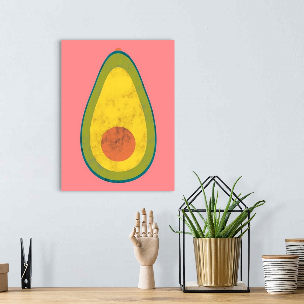 A bohemian room featuring Fun and contemporary painting of an avocado.