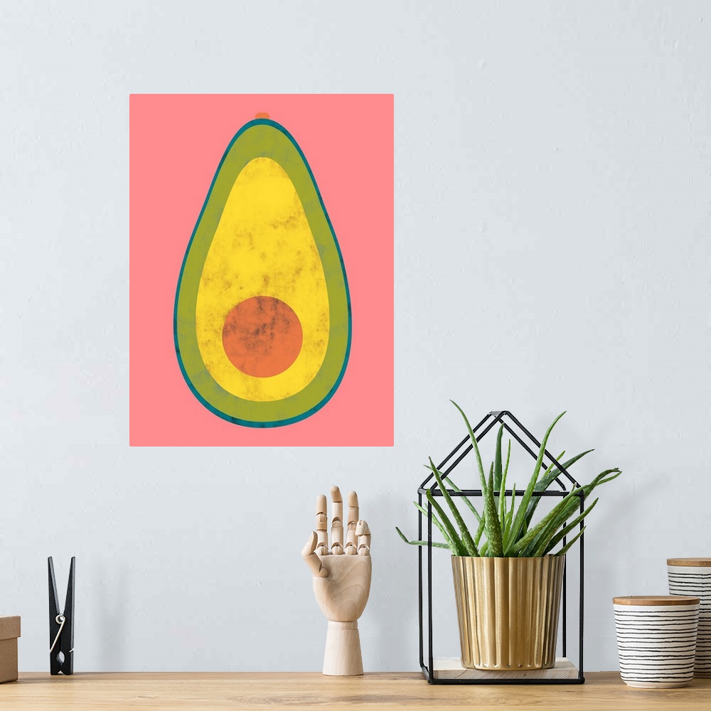 A bohemian room featuring Fun and contemporary painting of an avocado.