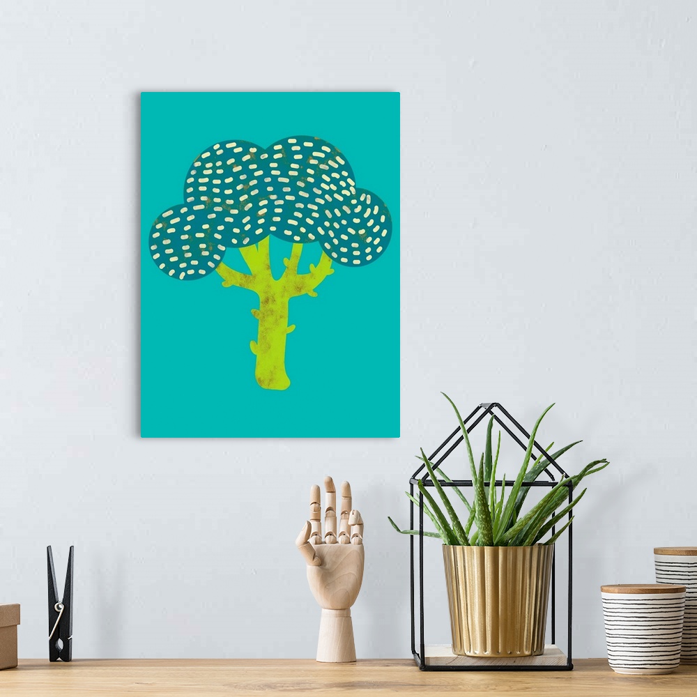 A bohemian room featuring Fun and contemporary painting of a head of broccoli.