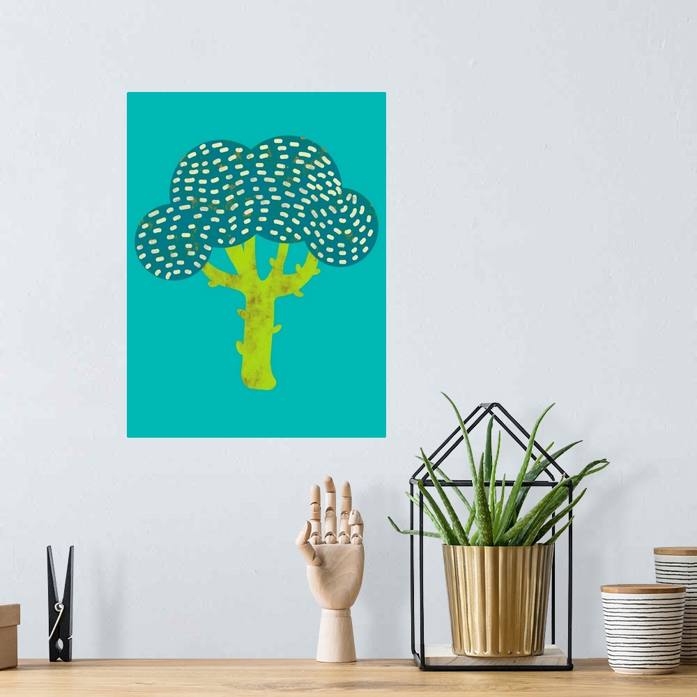 A bohemian room featuring Fun and contemporary painting of a head of broccoli.