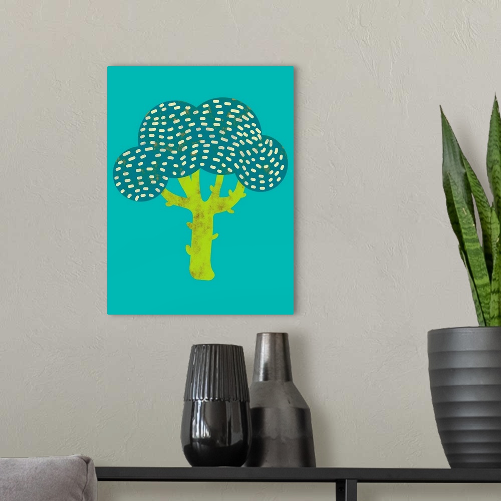 A modern room featuring Fun and contemporary painting of a head of broccoli.