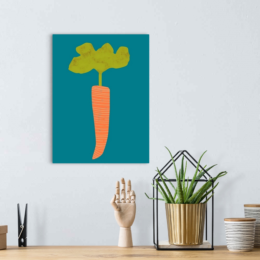 A bohemian room featuring Fun and contemporary painting of a carrot.