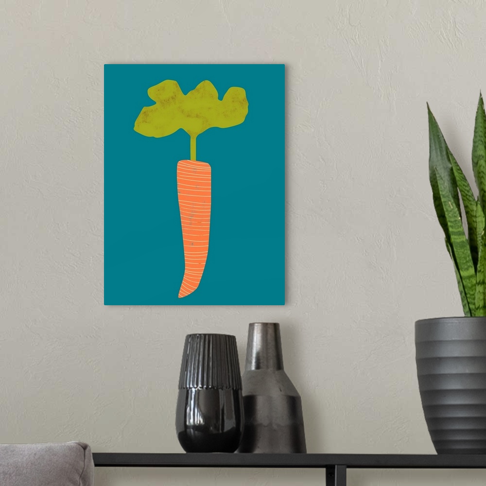 A modern room featuring Fun and contemporary painting of a carrot.