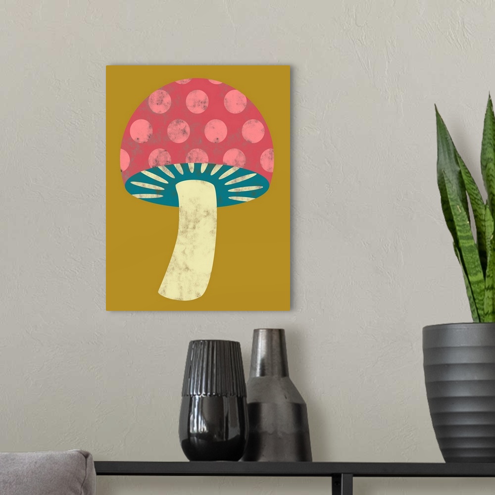 A modern room featuring Fun and contemporary painting of a mushroom.