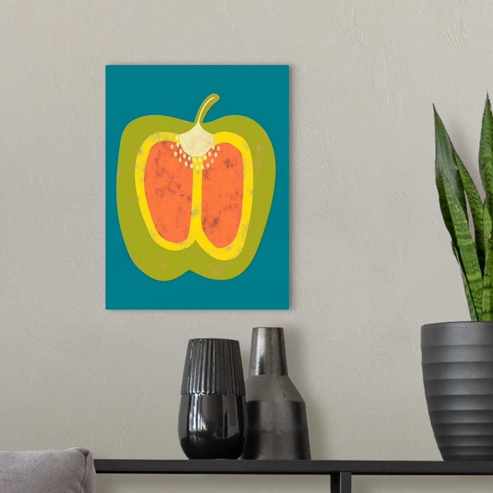 A modern room featuring Fun and contemporary painting of a green pepper.