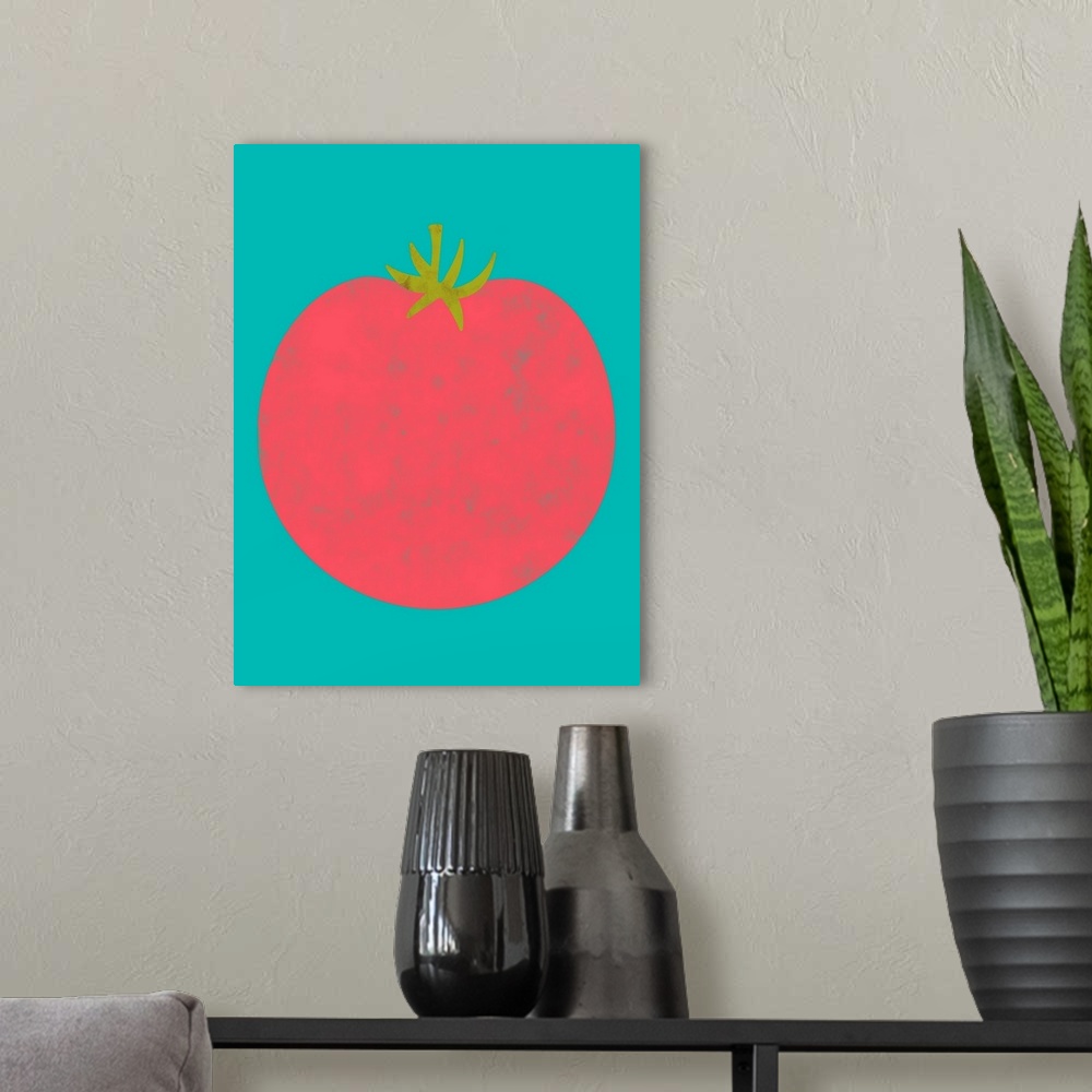 A modern room featuring Fun and contemporary painting of a tomato.