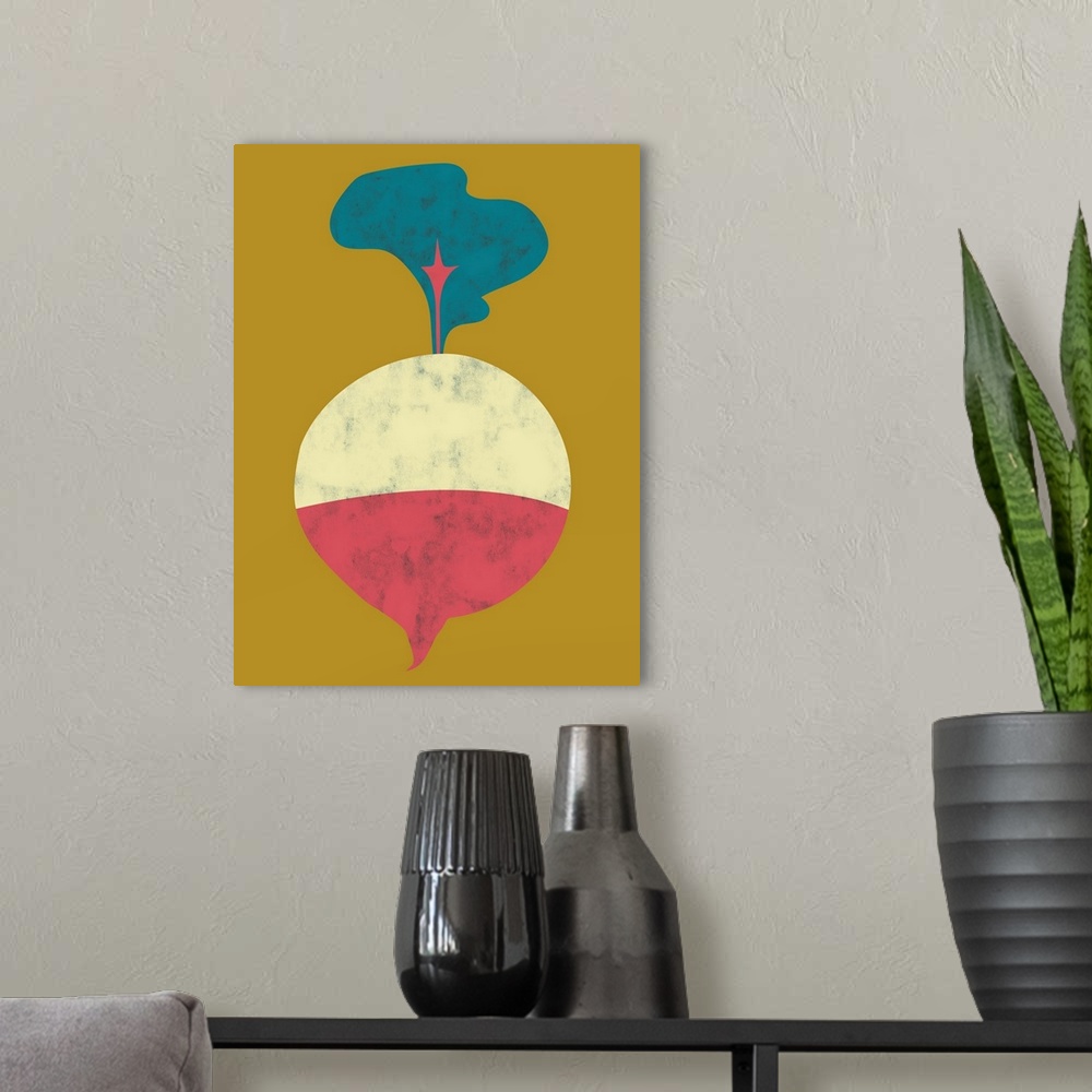 A modern room featuring Fun and contemporary painting of a vegetable.