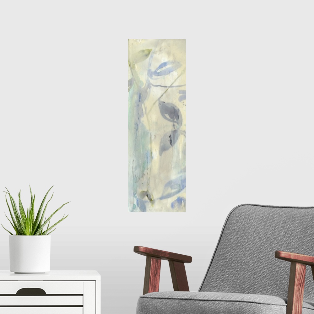 A modern room featuring Contemporary abstract floral painting in neutral tans and grays.