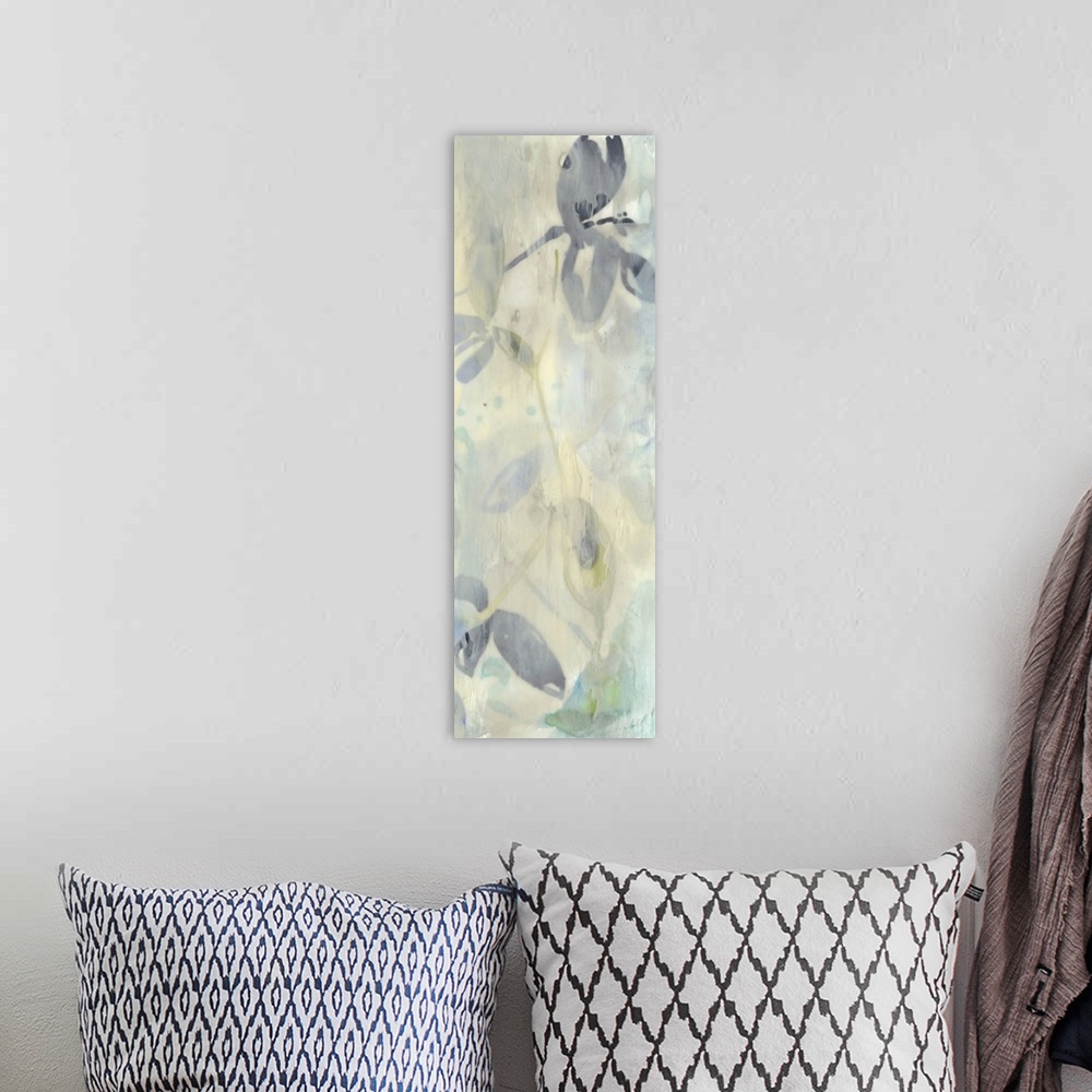 A bohemian room featuring Contemporary abstract floral painting in neutral tans and grays.