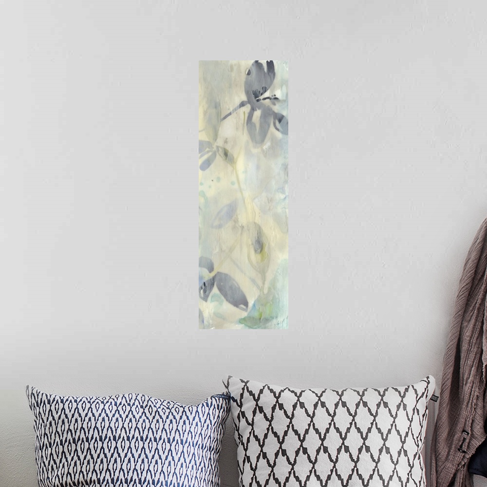 A bohemian room featuring Contemporary abstract floral painting in neutral tans and grays.