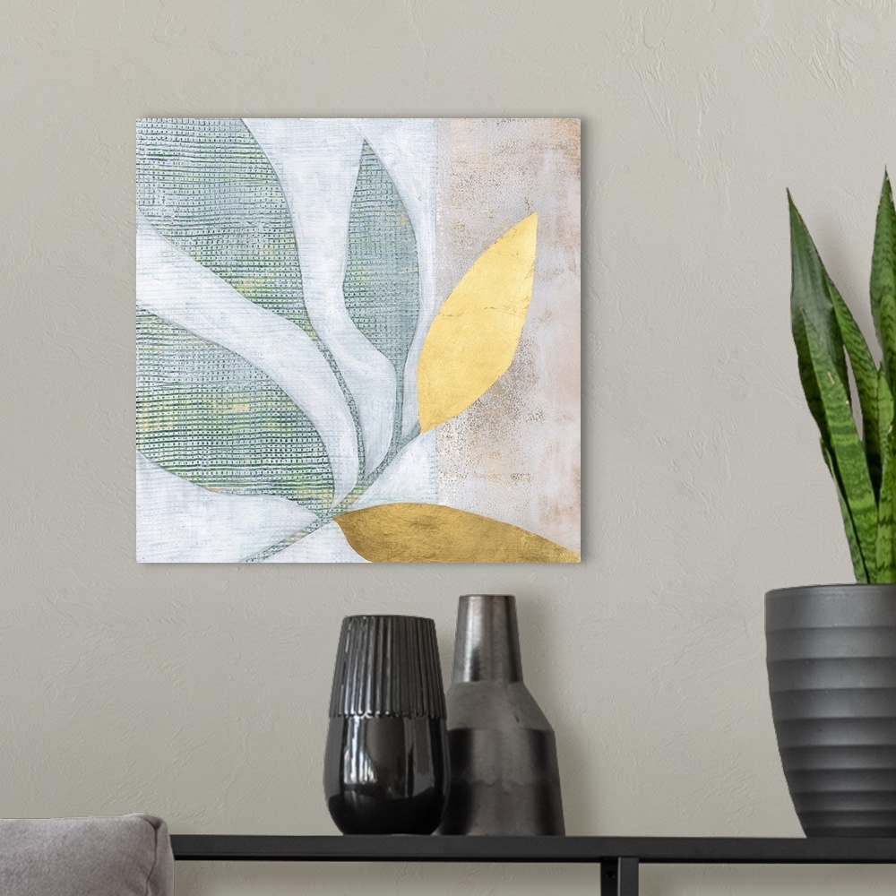 A modern room featuring A contemporary, textured painting of green and gold leaves on a neutral background