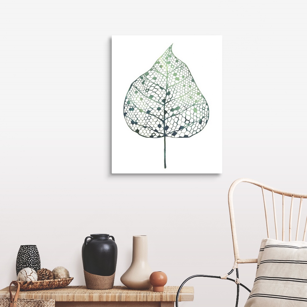 A farmhouse room featuring Vertical contemporary artwork of a leaf made up of geometric honeycomb pockets.