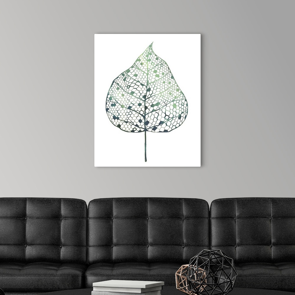 A modern room featuring Vertical contemporary artwork of a leaf made up of geometric honeycomb pockets.