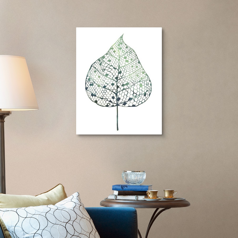 A traditional room featuring Vertical contemporary artwork of a leaf made up of geometric honeycomb pockets.