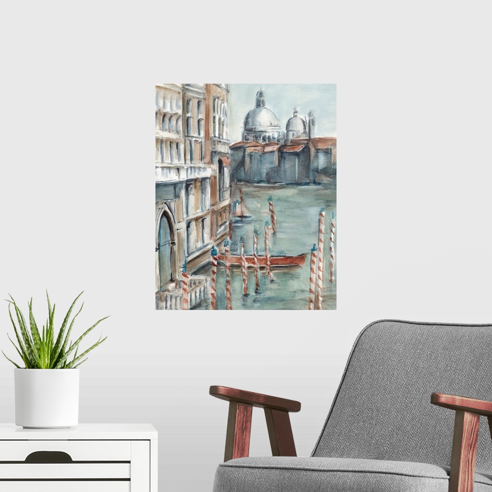 A modern room featuring Watercolor painting of Venice, Italy, with a gondola docked in the canal.
