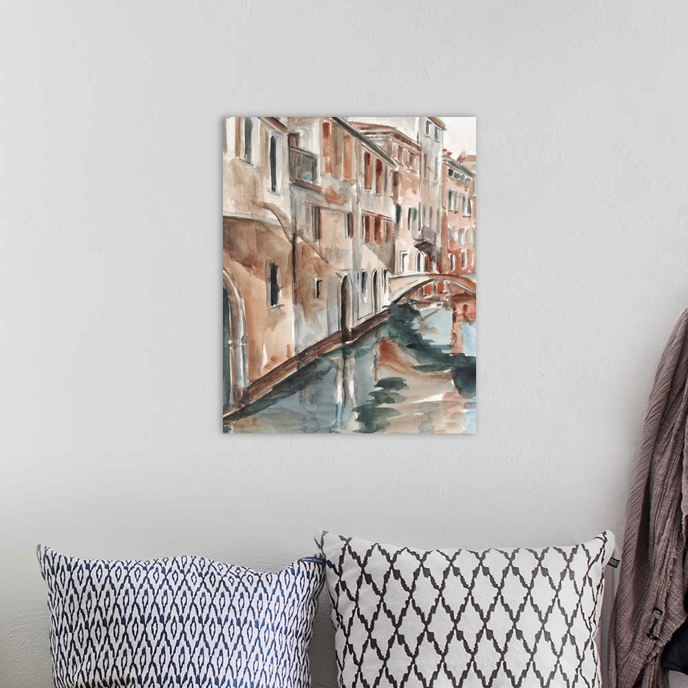 A bohemian room featuring Watercolor painting of Venice, Italy, looking down the canal at the buildings and a bridge.