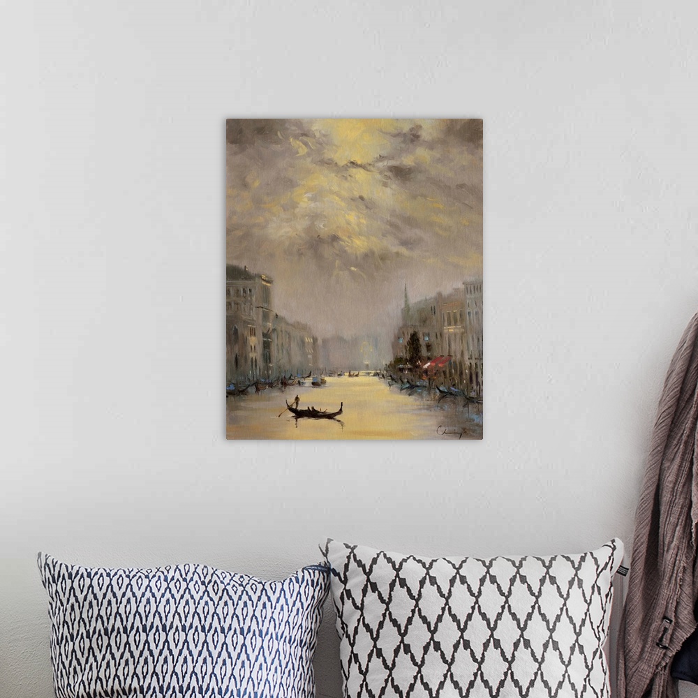A bohemian room featuring A contemporary painting of a Venetian cityscape.